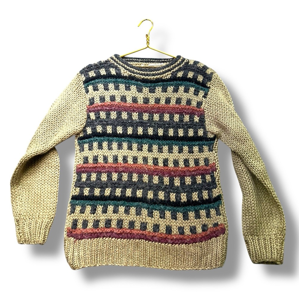 Vintage 60s Geometric Wool Blend Chunky Knit Sweater Red Tan Green Medium